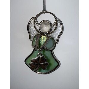 Handcrafted Stained Glass Angel Iridescent W/ Green Clover/shamrock St Patrick's